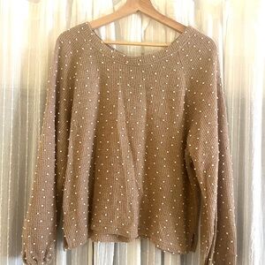 Flower & Feather Camel Knit Sweater with Pom-Pearl Dots